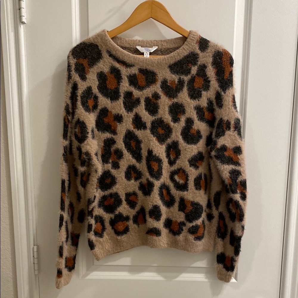 Time and Tru Tan and Black Leopard Print Crew Neck Sweater